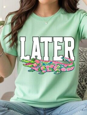 Gildan Mint Green "LATER" Tee with Floral Alligator Graphic